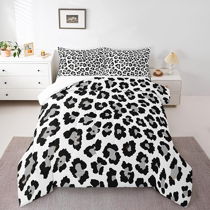 Feelyou Leopard Comforter Set Black Grey Cheetah Print Bedding Set for Kids Boys Girls Teens Decor Cow Pattern Comforter Africa Animal Lightweight Duvet Set 3Pcs Full Size