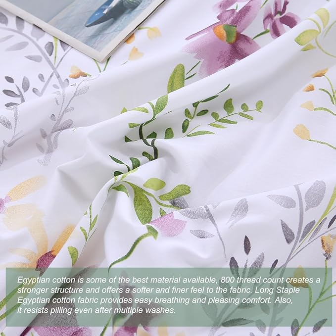 URBONUR Duvet Cover Full Size 100% Egyptian Cotton Garden Style Botanical Floral Bedding Set, Button Closure & Corner Ties (1 Duvet Cover, 2 Pillow Cases)