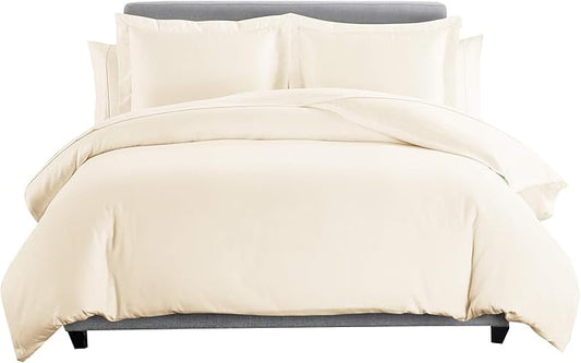 8 Pieces 100% Cotton Solid Ivory Full Goose Down Bed in a Bag Set Including 600TC Sheet Set + 600TC Duvet Cover Set+ All Season Striped Goose Down Comforter 600 Fill Power