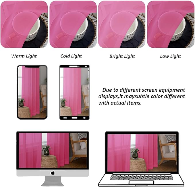 Chyhomenyc Sheer Curtains 63 Inch Length 2 Panels Set, Light Filtering Rod Pocket Window Curtain Treatment Drapes for Bedroom Living Room, Each 42Wx63L, Set of 2, Hot Pink