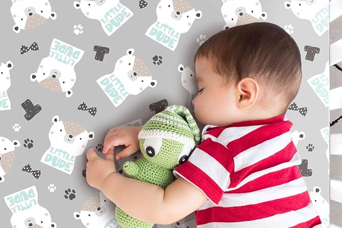 GRSSDER Stretchy Ultra Soft Jersey Knit Fitted Crib Sheets Set 2 Pack, Cozy Crib Sheet Fits All Standard Crib Mattress Pads, Grey Bear for Girls and Boys