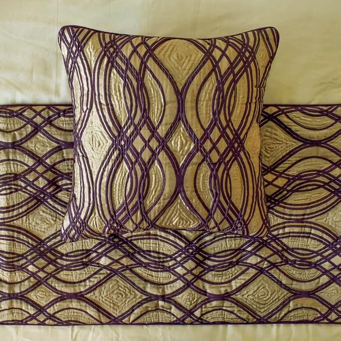 The HomeCentric King/Queen/Twin Plum Designer CA King 86"x18" Bed Runner with Pillow Cover, Quilted Bed Scarf on Jacquard Fabric - Plum Swirls