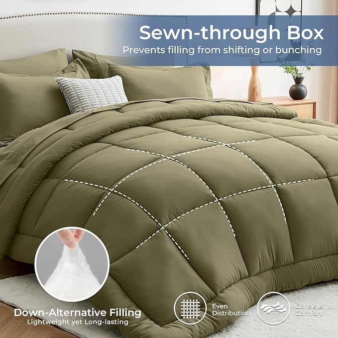 Sasttie Queen Comforter Set, 7 Pieces Bed in a Bag Queen, Complete Bedding Set Includes Comforter, Flat Sheet, Fitted Sheet, Pillowcases and Pillow Shams, Olive & Light Grey