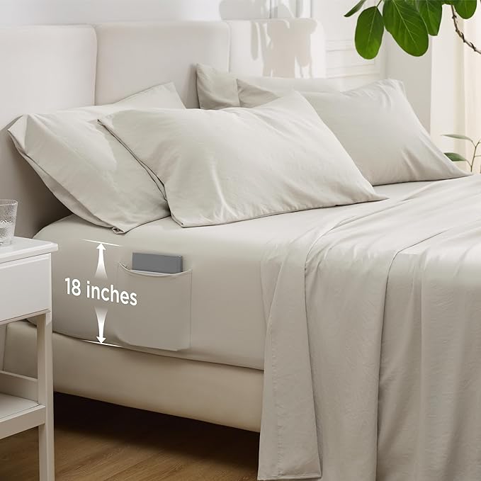 Bedsure Deep Pocket Queen Sheets - 6 Piece, Prewashed Ultra-Soft Queen Sheet Set, Fits Mattresses Up to 18 Inches Thick, Breathable & Secure Fit, Hotel Luxury Bedding, Linen