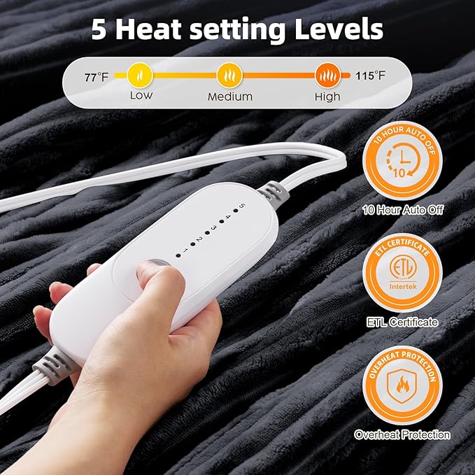 HYLEORY Heated Blanket Electric Queen, Soft Flannel Sherpa Heater 5 Heat Settings and 10 Hours Auto Shut-Off Heating Blanket ETL Certification Over-Heat Protection Machine Washable,Deep Grey