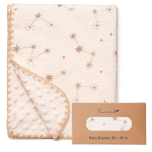 Baby Blanket with Dotted Double Layers Muslin Soft Swaddle Blanket Cotton Neutral Receiving Blankets for Toddler Baby Quilt Throw Blanket Bed Throw Blanket for Newborn Unisex 40x40 Inch-Constellation