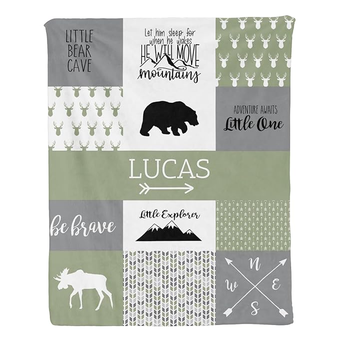 Custom Bear Baby Blanket for Boy, Baby Blanket with Name - 35 x 45 Inches Blankets with Double Layer Dotted Backing - Shower Gifts for Nursery - Essential Bebe Stuff, Reseda