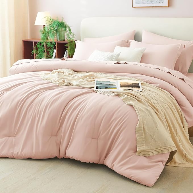CozyLux Queen Comforter Set Blush Pink, 7 Pieces Bed in a Bag Queen Comforter Set with Sheets, Bedding Sets with Down Alternative Comforter, Fitted Sheets, Flat Sheets, Pillow Shams and Pillowcases