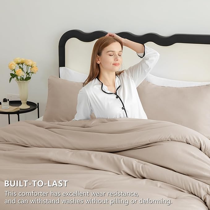 CozyLux King Size Comforter Set Wheat, 3 Pieces Solid Comforters King Size Breathable Quilted Bedding Set, Luxury Soft Bed Sets with Down Alternative Comforter (1 Comforter & 2 Pillowcases)