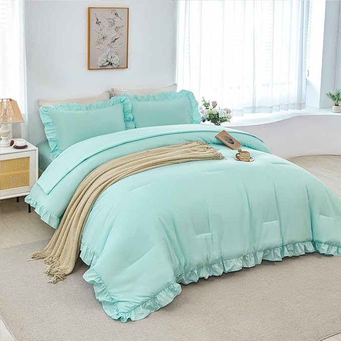 ANGIYUIN 5Pcs Queen Size Comforter Sets Mint Green Ruffle Bedding Sets Vintage Farmhouse Bed Sets Solid Elegance Bed in A Bag for Women Men（Mint Green Queen）