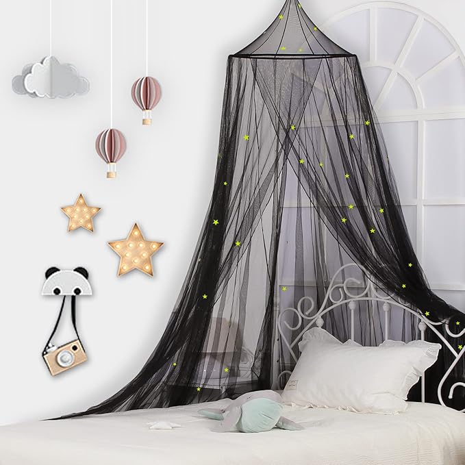 South to East Bed Canopy with Glowing Stars in The Dark, Black Bed Curtains for Kids Bed & Toddler Bed, Twin, Full & Queen, Mosquito Net Canopy for Adult Bedoom, Easy to Install