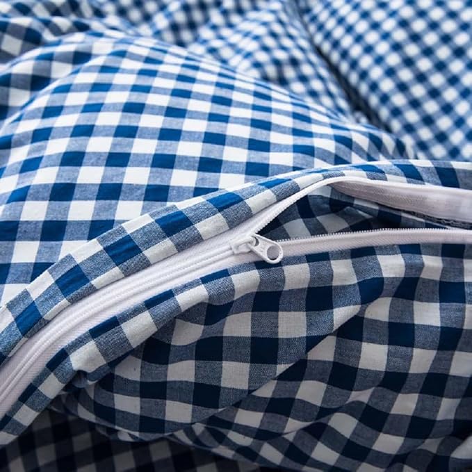 LifeTB Royal Blue Gingham Duvet Cover Queen 100% Washed Cotton Blue Plaid Grid Duvet Cover 3 Pieces Soft Comfy Checkered Comforter Cover with 2 Pillowcases Luxury Gingham Plaid Bedding Set