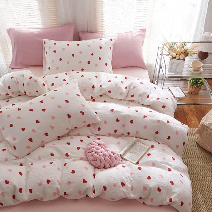 Nayoroom Heart Duvet Cover Set Queen Size Red Pink Hearts Printed on White Bedding Set for Kids Girls 3 Pcs Soft Lightweight Breathable Microfiber Comforter Cover with Zipper Closure