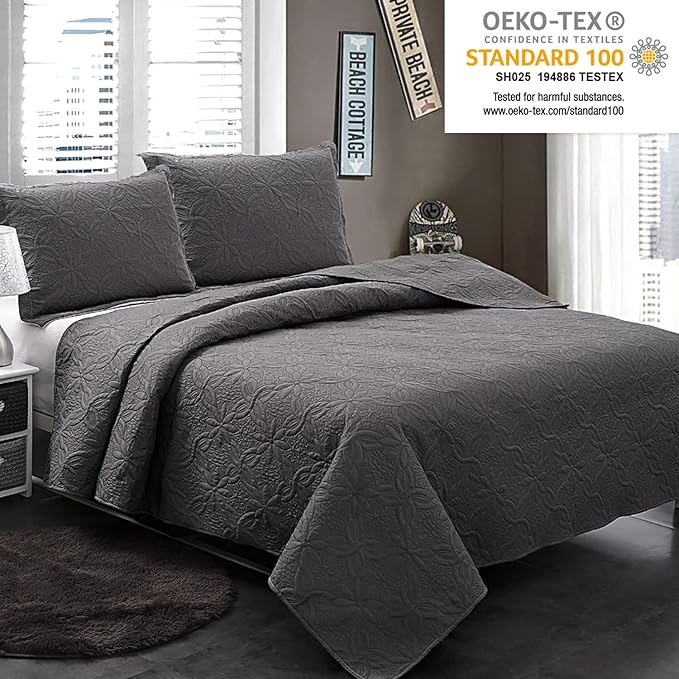 JML Quilts Set, Bedspread Coverlet Set with Pillowcases - 3 Piece Soft and Lightweight Bed Quilt for Spring, Autumn and Summer (Embossed Pattern - Dark Grey, Full/Queen(88"x92"))