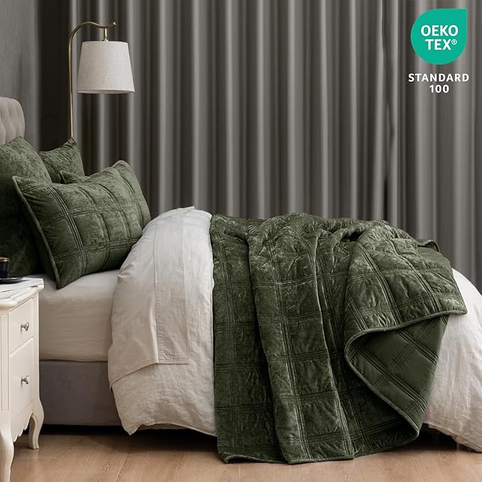 PHF Ultra Soft Velvet Quilt Set Twin Size – 2PCS Luxurious Cozy Quilted Comforter Alternative with Diamond Pattern, Warm Quilted Bedspread Coverlet, 68" x 92", Smokey Olive