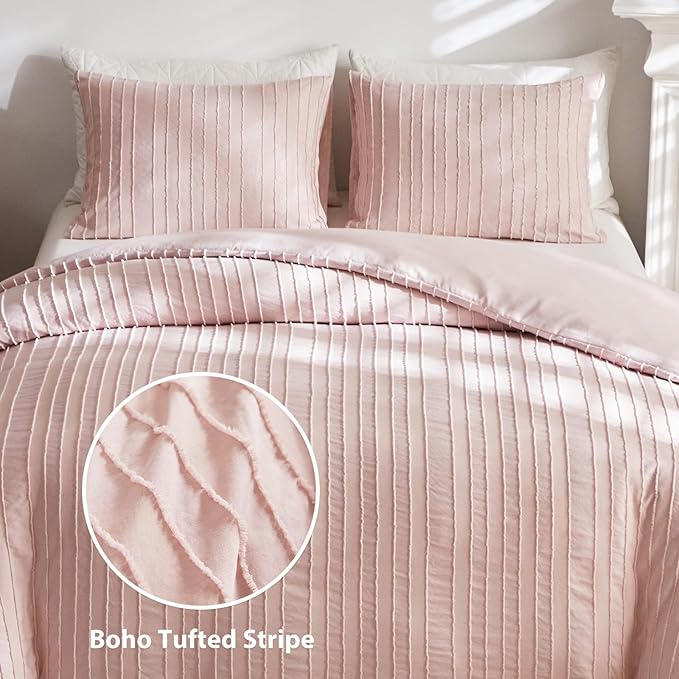 WARMDERN Pink Tufted Duvet Cover Set Queen Size, Striped Textured Duvet Cover Boho Bedding Set, 3 Pcs Ultra Soft Washed Microfiber Duvet Cover with Zipper Closure (Queen, Pink)