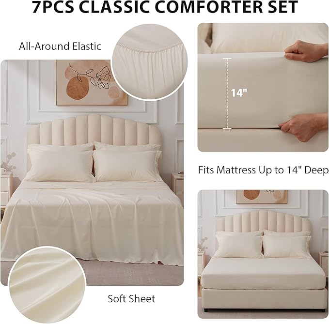 King Comforter Set Beige - Bed in a Bag King Size 7 Pieces, Soft Bedding Set for All Seasons, Premium King Comforter Set with Comforter, Sheets, Pillowcases & Shams