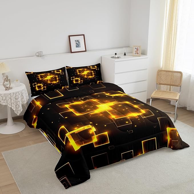 Feelyou Kids Golden Black Geometrics Bedding Set Twin Size, Light Honeycomb Comforter Set Geometrics Comforter for Boys Girls Abstract Duvet Insert Microfiber Bed Set