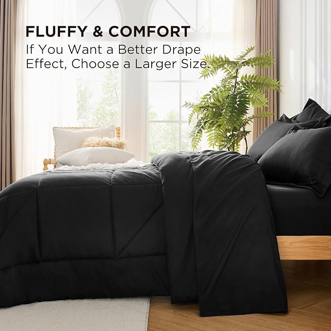 7 Pieces Full Comforter Set - Utral Soft Microfiber Bedding Set, Thick Duvet Insert Bed in a Bag Without Rustling Noise for All Season, Black (82"x86")