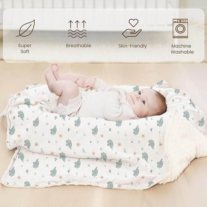 Konssy Baby Blankets for Unisex Boys Girls, Super Soft Nursery Minky Blankets with Muslin Cotton Front and Dotted Fleece Backing, Printed Bed Throws Newborn