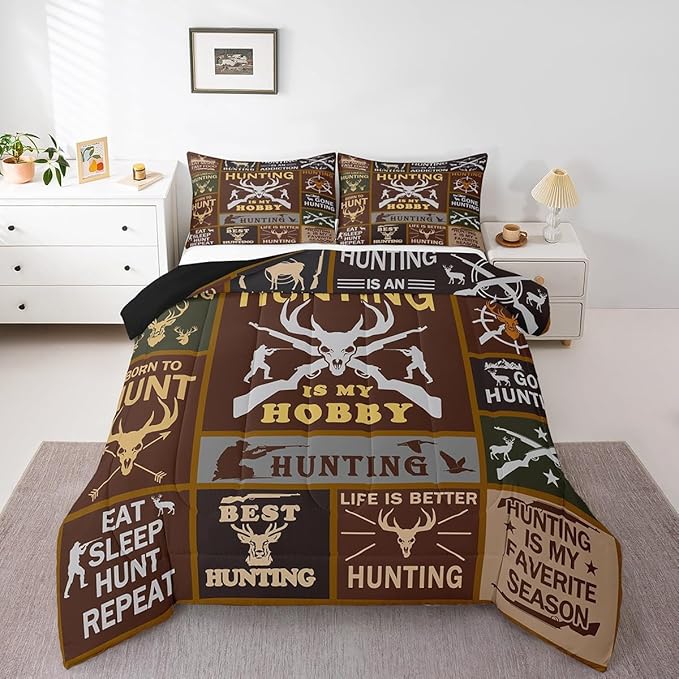 Feelyou Deer Hunting Comforter Queen Size for Kids Hunting Gifts Comforter Set Boys Girls Deer Antlers Comforter Farmhouse Duvet Insert 3Pcs