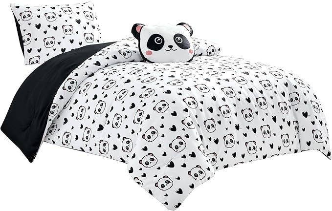 Chezmoi Collection 3-Piece Black White Girls Twin Size Bedding Set Love Panda Hearts Microfiber Comforter Set w/Panda Throw Pillow for Kids Teens