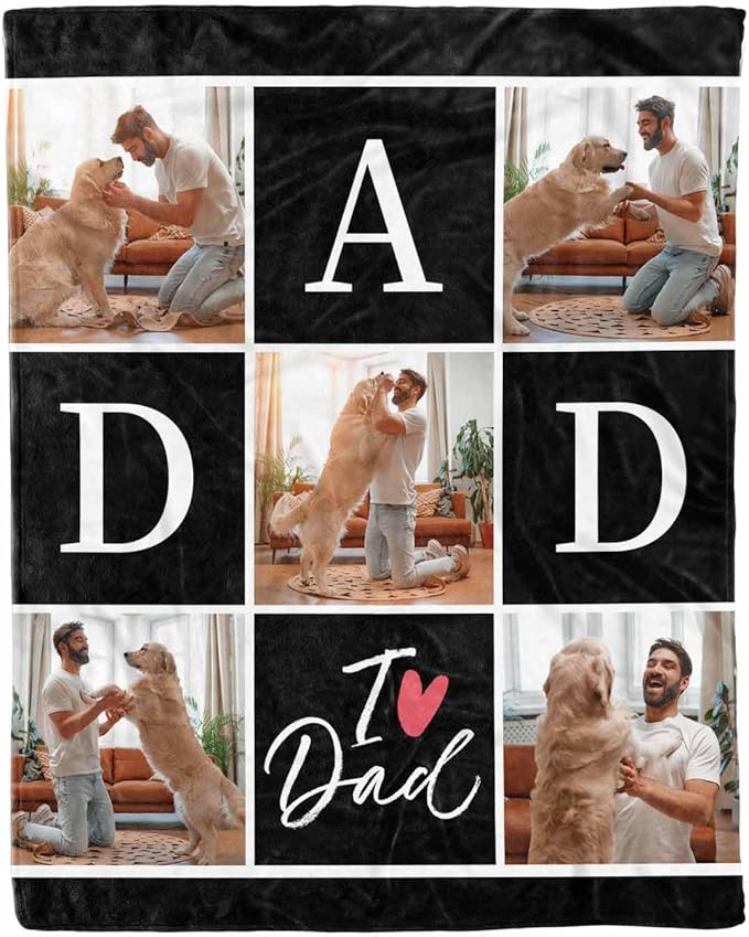 Gifts for Dad Customized Blanket with Photo, 5 Photos Personalized Happy Fathers Day Blankets with Pictures Customized Blanket Best Dad Ever Birthday Gifts for Grandpa Men, 8 Sizes