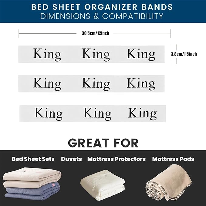Bed Sheet Organizer Bands Bed Sheet Organizer and Storage Size Label Bands for Closet Organization Linen Elastic Bedding Straps for Foldable Bedsheet, Pillow Case, Duvet