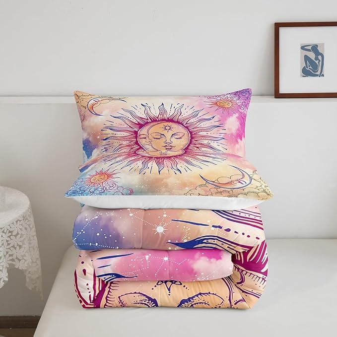 Sun and Moon Comforter Set Queen Stars Constellation Galaxy Bedding Set,Pink Blue Pastel Clouds Tie Dye Comforter For Kids Girls Women Boho Hippie Psychedelic Celestial Astrology Quilt Duvet Set 3 Pcs