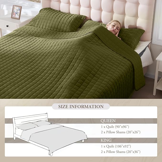 Luxury Velvet Quilt Set King Size, Comforter Set with Pillow Shams, Soft Lightweight Bedspread Coverlet Bedding Sets for All Seasons, Dark Green