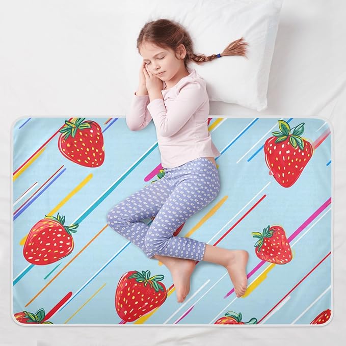 Waterproof Bed Pad Reusable Changing Pad Toddler Mattress Protector Large Pee Pad Baby Diaper Pad Soft Washable Liner Cute Strawberries and Colorful Lines