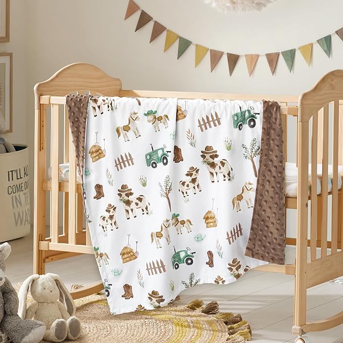 HOMRITAR Cows Baby Blankets for Boys, Super Soft Newborn Nursery Minky Blanket with Double Layer Dotted Backing, Cozy Printed Bed Throw Blanket, Farm Horse Animals 30 x 40 Inch
