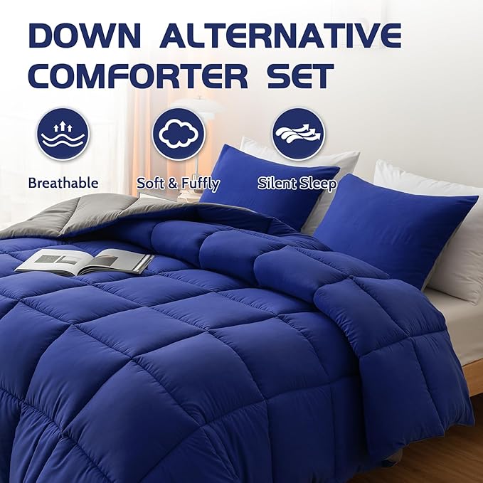 Decroom Lightweight Full Comforter Set with 2 Pillow Sham - 3 Pieces Set - Quilted Down Alternative Comforter/Duvet Insert for All Season - Blue/Grey - Full Size