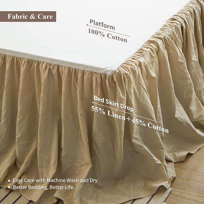 BISELINA French Linen Bed Skirt with Pleated Frills 18-Inch Tailored Drop Natural Flax Cotton Blend Dust Ruffle Soft Cozy Farmhouse Bedding (18" Queen, Ruffle Linen)