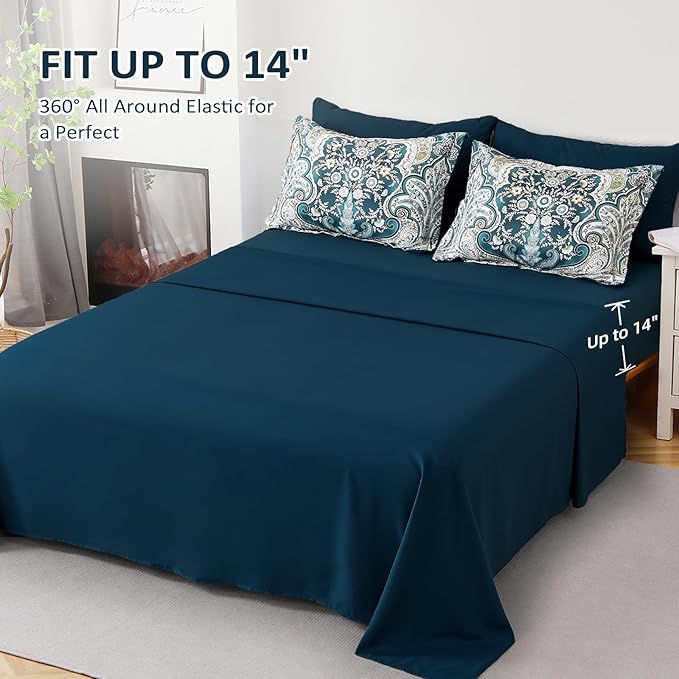 Drucon Boho Comforter Set Queen Size, 7 Pieces Bed in a Bag Paisley Comforter, Soft Lightweight Microfiber Bedding Set (1 Comforter, 1 Flat Sheet, 1 Fitted Sheet, 2 Pillow Shams, 2 Pillowcases)