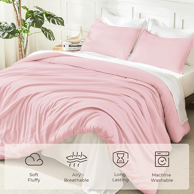 Litanika Comforters Pink Super King Size, 3 Pieces Lightweight Solid Bedding Set & Collections, All Season Fluffy Bed Set (120x120In Comforter & 2 Pillowcases)