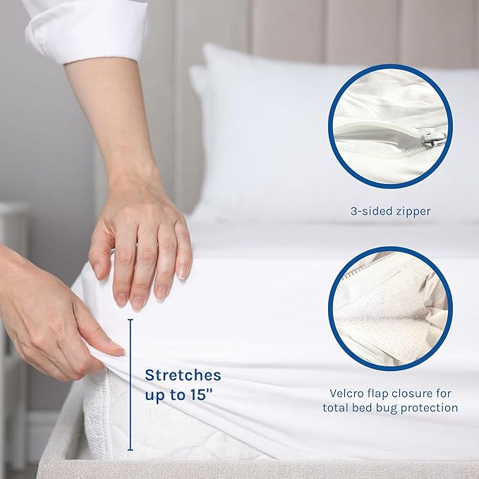 Hygea Natural Queen Size Luxurious Mattress Cover, Water-Resistant, Anti-Bed Bug, Zippered Encasement - 60" x 80" x 9” (Stretchable to 15"), Durable Protection for Hotels & Homes