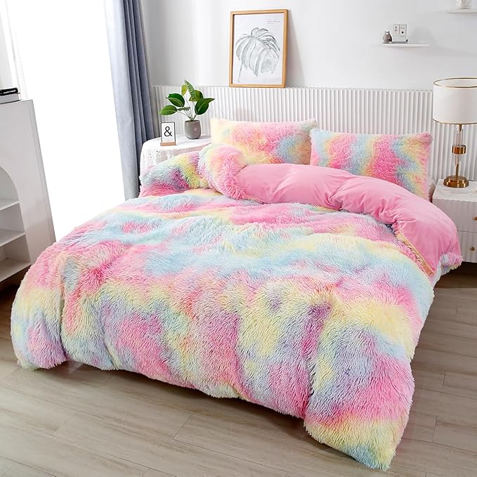 PERFEMET 3 Pcs Faux Fur Pink Comforter Set Queen Fluffy Shaggy Tie Dye Bedding Set for Girls Colorful Rainbow Ultra Soft Plush Velvet Furry Bedding Quilt Set(Pink, Queen)