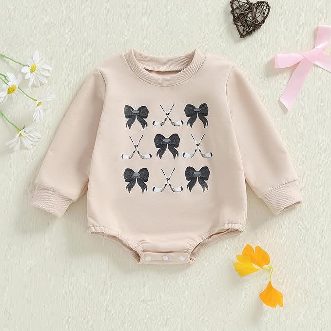 Newborn Infant Baby Girl Game Day Outfit Bows Hockey Onesie One Piece Long Sleeve Romper Winter Clothes