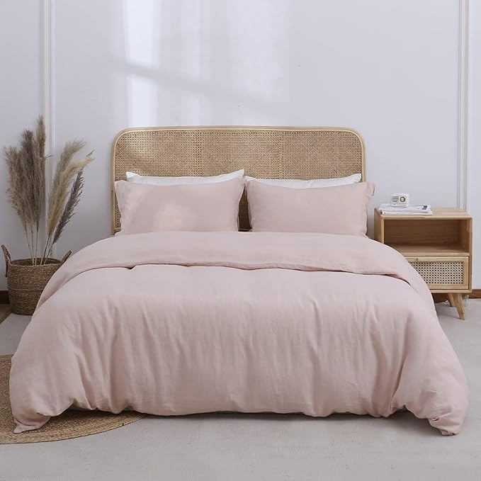 Simple&Opulence 100% Linen Duvet Cover Set, 3 PCS Natural French Flax Blush Pink Duvet Cover Full Size, Breathable Soft Comfy Linen Bedding Comforter Cover with 2 Pillowcases(Blush Pink, 78"x86")