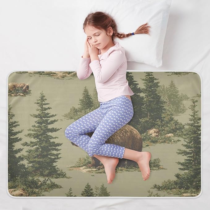Waterproof Bed Pad Reusable Changing Pad Toddler Mattress Protector Large Pee Pad Baby Diaper Pad Soft Washable Liner Forest Brown Bears Green