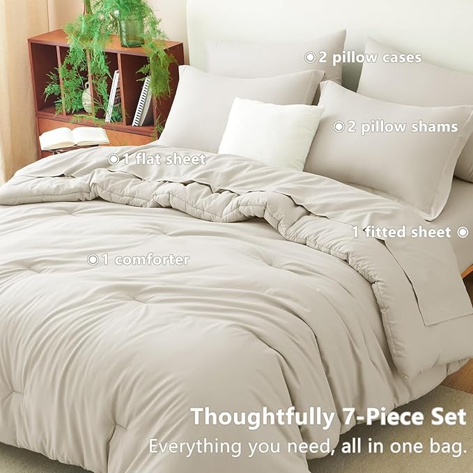 CozyLux Full Comforter Set Beige, 7 Pieces Bed in a Bag Soft Bedding Comforter Set with Sheets, All Season Boho 7PC Bed Sets with Comforter, Fitted Sheets, Flat Sheets, Pillow Shams and Pillowcases