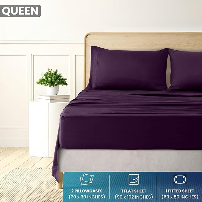 Utopia Bedding Queen Size 4 Piece Sheet Set - Brushed Microfiber - Soft Bed Sheets for Queen Size Bed Set - Includes 1 Fitted, 1 Flat, & 2 Pillow Cases - Deep Pocket (Purple)