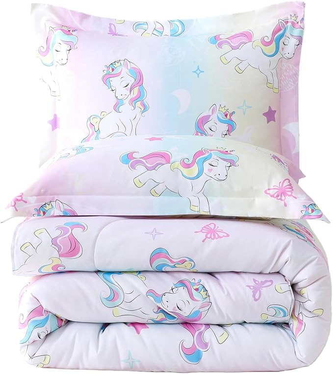 Yibeizi Twin Bed Comforter Set, Kids Lightweight All-Season Comforter Set Cute Rainbow Unicorn Pattern Microfiber Breathable Hypoallergenic Soft Oeko-Tex Bedding Comforter Sets