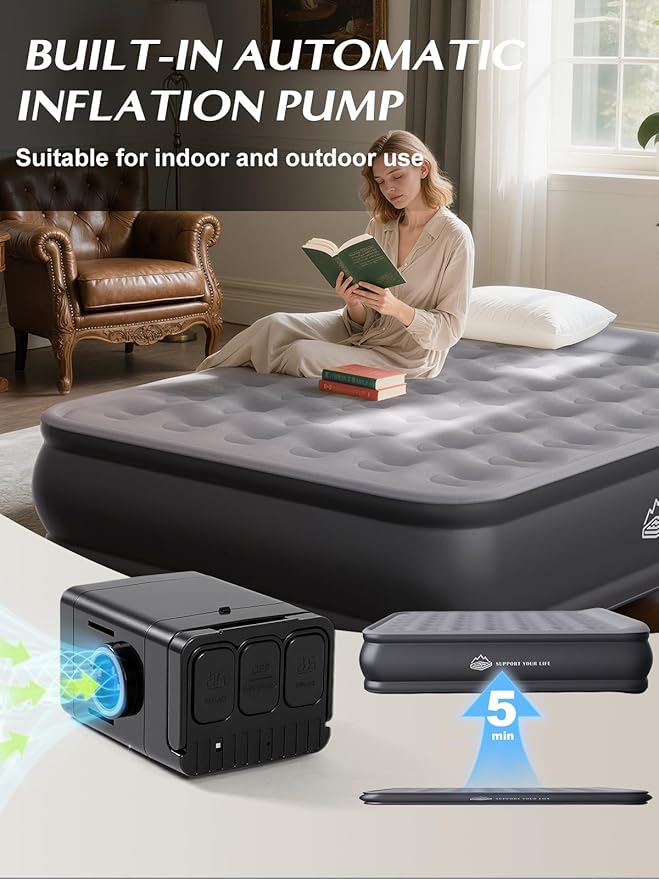Queen Air Mattress with Built in Pump, 18" Upgraded One-Touch Inflatable Airbed for Home, Camping Guests, Portable Blow Up Mattress, 770lbs Capacity