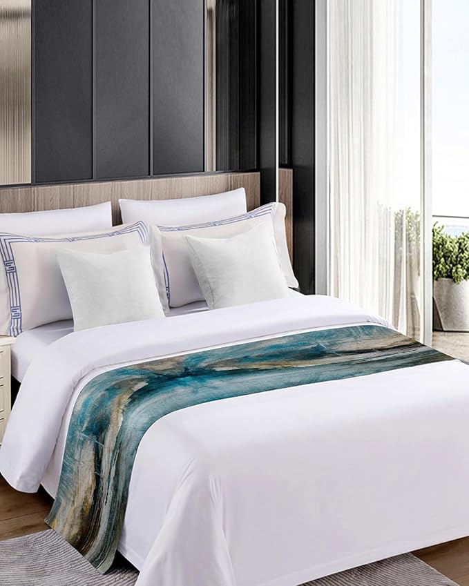 Abstract Mottled Turquoise Green Gray Art Bed Runners for Bedroom Hotel,Decorative Bedding Scarf Retro Painting Bed End Blanket Bedding Runner Scarves for Queen Size Bed,94x20in
