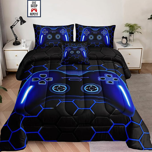 6 Pieces Bed in a Bag for Boys Bedding Sets Queen Size,Gamer Comforter Sets for Kids, Gaming Comforter Set for Boys Room Decor with Flat Sheet,Fitted Sheet,Pillowcase,Cushion Cover