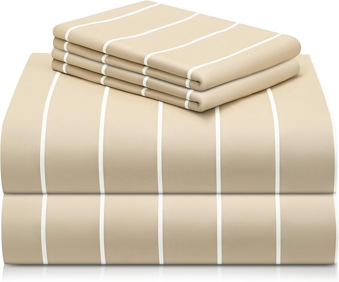LuxClub 4 PC Queen Size Sheet Set, Breathable Luxury Bed Sheets, Deep Pockets 18" Wrinkle Free Cooling Machine Washable Hotel Bedding (Striped Cream)