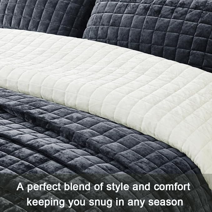 Luxurious Velvet Quilt California King Size Set 106" x118" Ultra Soft Bedding Set Quilted Bedspread Coverlet with 2 Matching Pillow Shams for All Seasons,Blue Gray