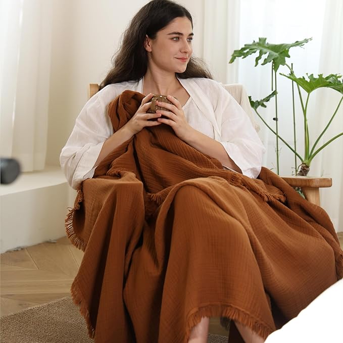 MooMee Muslin Blanket - 100% Cotton 4-Layer Gauze Throw Blanket with Tassels Ultra-Soft Breathable Lightweight Cooling for Bed Couch (Drak Orange,Oversized Queen 98" x 98")